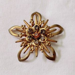 4/$20 Vintage Round Gold Tone Flower Amber Clear Rhinestone Brooch Pin 1950s?